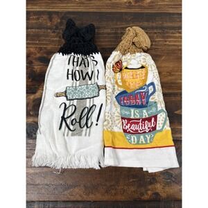 2 Handmade‎ Crochet top Kitchen Hanging Hand Towels Rolling Pin Coffee Cups 16"